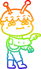 rainbow gradient line drawing friendly cartoon spaceman pointing