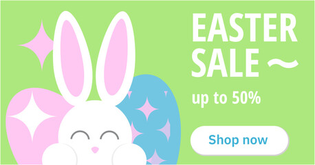 Sweet easter sale illustration with color Painted Egg and white rabbit on green background. Vector Easter Holiday Design Template for Coupon, Banner, Voucher or Promotional Poster. Bunny.