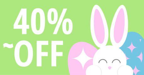 Sweet easter sale illustration with color Painted Egg and white rabbit on green background. Vector Easter Holiday Design Template for Coupon, Banner, Voucher or Promotional Poster. Bunny.