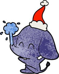 cute textured cartoon of a elephant spouting water wearing santa hat