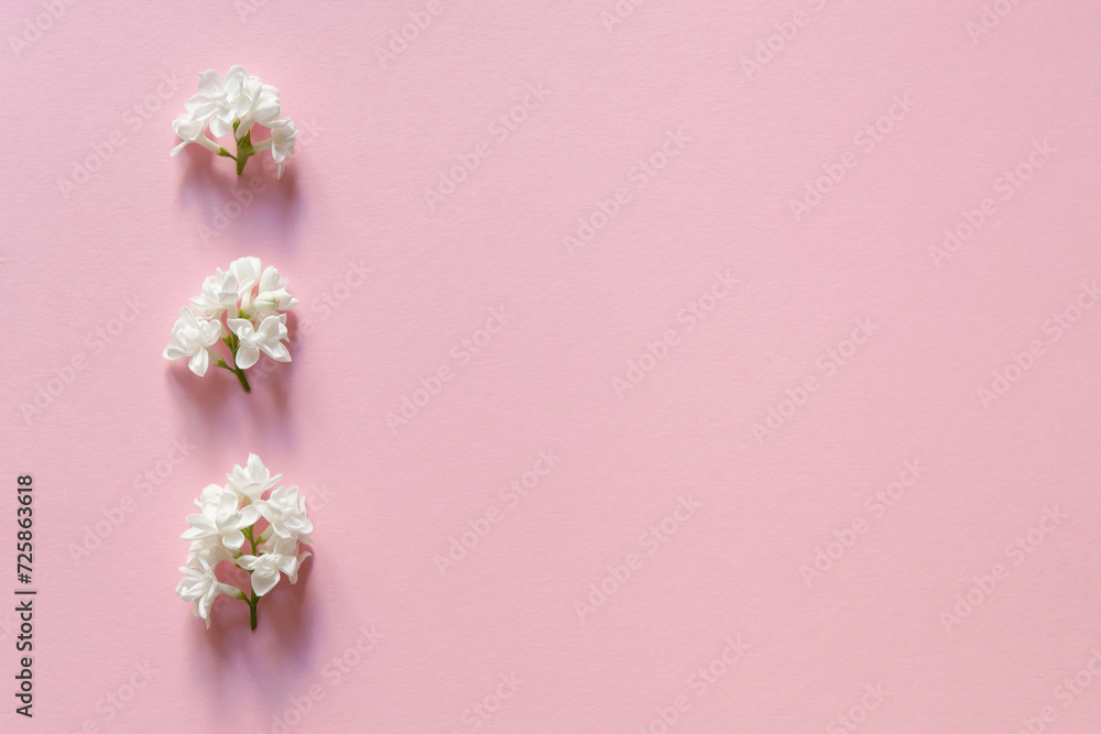 Canvas Prints Border of lilac flowers on a soft pink background. Mothers day, womens day concept. Flat lay, top view. Flowers composition