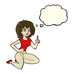 cartoon sitting woman with idea with thought bubble