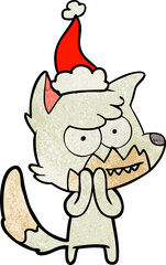 textured cartoon of a grinning fox wearing santa hat