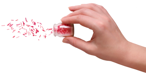 Candy sprinkles pink isolated on a transparent background. Png. Hand holds a jar and pours out candy