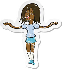 retro distressed sticker of a cartoon woman shrugging shoulders