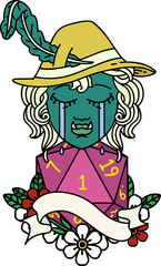 crying orc bard character with natural one D20 roll illustration