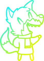 cold gradient line drawing laughing fox wearing winter clothes