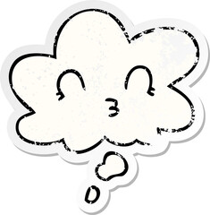 happy cartoon face and thought bubble as a distressed worn sticker
