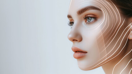 Beauty, technology and facial recognition for skincare with a woman in studio isolated on white background. Skin, hologram or change with a model scanning her face for makeup automation or innovation