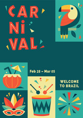 Happy Carnival, colorful geometric design. Rio Carnival poster in retro style with masquerade mask, toucan, drum, cocktail Vector template with Party Elements. Brazilian Rhythm, Dance and Music