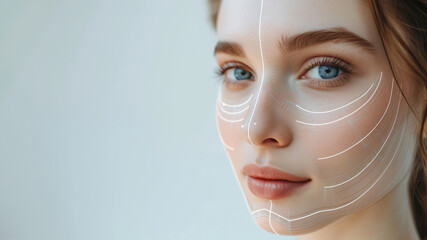 Beauty, technology and facial recognition for skincare with a woman in studio isolated on white background. Skin, hologram or change with a model scanning her face for makeup automation or innovation