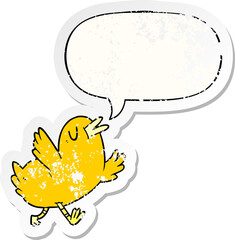 cartoon happy bird and speech bubble distressed sticker