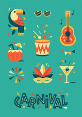 Happy Carnival, colorful geometric design. Rio Carnival poster in retro style with masquerade mask, toucan, drum, cocktail Vector template with Party Elements. Brazilian Rhythm, Dance and Music