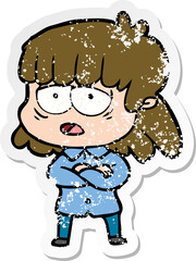 distressed sticker of a cartoon tired woman