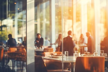 Abstract blurred office interior with soft, blurred people meeting at table. Business concept