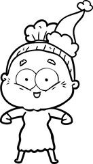 line drawing of a happy old woman wearing santa hat