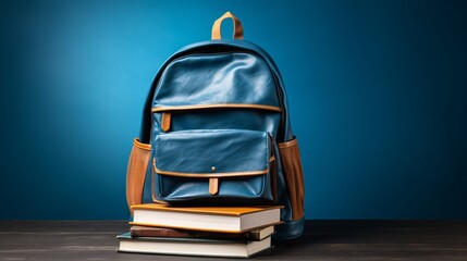 Back to school concept. full school backpack with books isolated on blue background with copy space