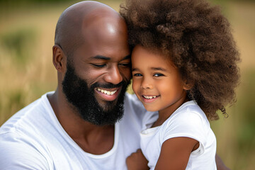African American father with a beard hugs his curly-haired daughter and smiles. - obrazy, fototapety, plakaty