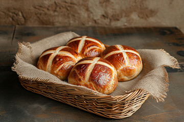 Fresh Traditional English Easter cross buns in a wicker tray.