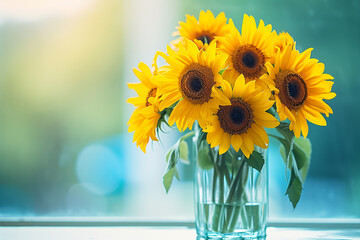 Bouquet of summer yellow sunflowers in a glass vase on a table against the window. Copy space.