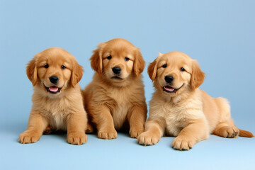 Three golden retriever puppies lie on a blue background. Copy space.