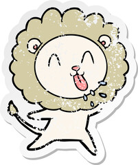 distressed sticker of a happy cartoon lion