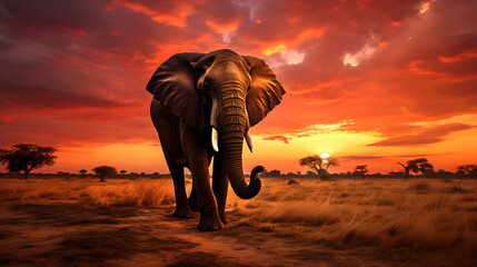 Elephant Silhouette Against Spectacular Sunset - A Stunning Confluence of Nature's Grandeur and Artistic Interpretation