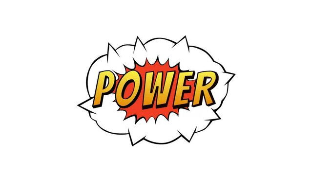 Comic strip speech bubble cartoon animation, with the words power. Yellow text, white shape, Alpha channel. 