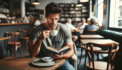 Man reading a book in a cafe, Generative AI