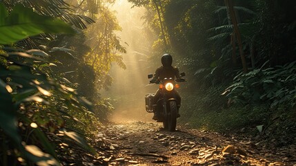 the exhilarating thrill of a motorbike journey through a dense forest.