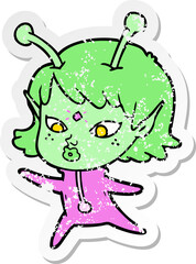 distressed sticker of a pretty cartoon alien girl