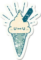 grunge sticker of tattoo style ice cream character