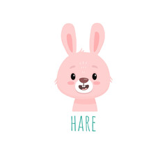 cute cartoon bunny. Animal in flat style. Hare head for cards, magazins, banners. Forest animal.