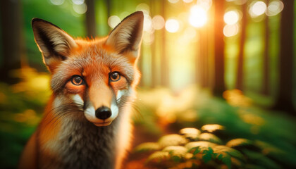Fototapeta premium Enchanted Encounter: A Red Fox in the Sunlit Woodlands