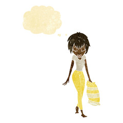 cartoon woman going to bed with thought bubble