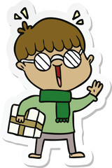 sticker of a cartoon boy with parcel waving