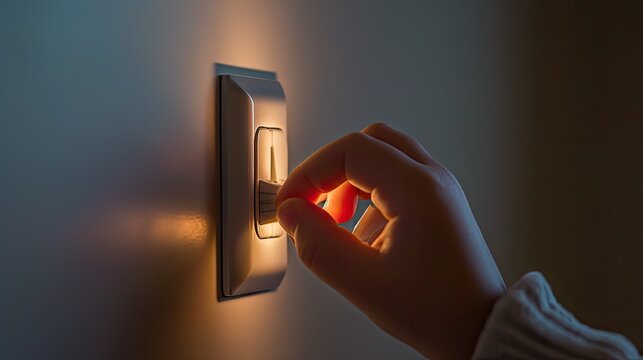 a light switch as it's touched by the finger of child, showcasing the square-shaped switch in a close-up macro shot from the left side with high key lighting.