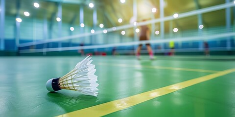 Close up of shuttlecock with blur badminton court background.  - obrazy, fototapety, plakaty