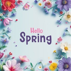 Floral Array with "Hello Spring" Text Surrounded by Richly Colored Blooms on Blue
