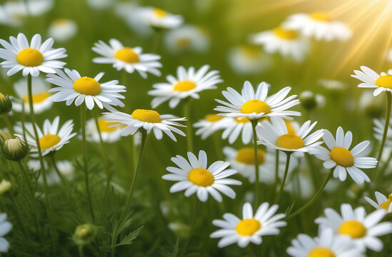 Chamomile field, meadow. Blossomed blooms, summer flowers background