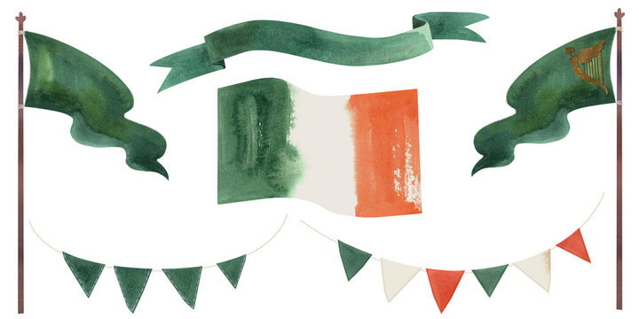 Set of flags and ribbons for Irish holidays. Decor for St. Patrick's Day. Isolated watercolor illustration on white background. Clipart.