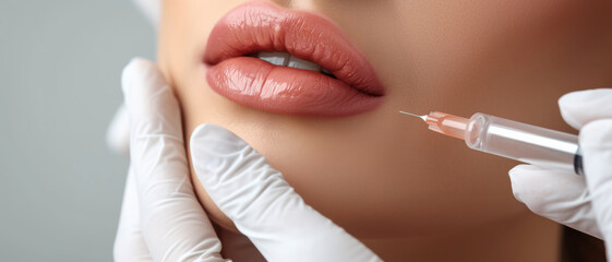 Close-up of precise cosmetic enhancement with a syringe on plump lips, in a clinical setting - obrazy, fototapety, plakaty