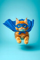 Superhero cat, Cute orange tabby kitty with a blue cloak and mask jumping and flying on light blue background with copy space. 