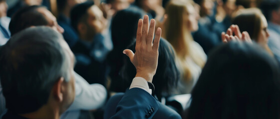 An engaged audience member raises a hand amidst a crowd at a conference, seeking to contribute