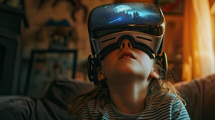 a child experiences the wonder of VR technology at home, capturing the light smile on their face and employing innovative foreshortening techniques to enhance the sense of depth and dimension.