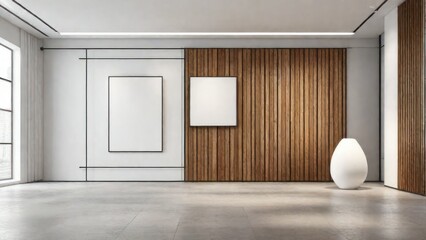 Fototapeta na wymiar Minimalist gallery space featuring a large white poster on wooden wall, sleek design elements. Exhibition concept. 3D Rendering. generative, ai.
