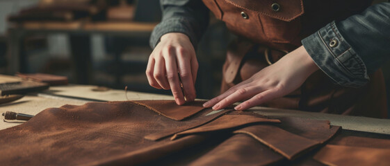 Craftsman meticulously handcrafting leather goods, evoking a sense of tradition and quality - obrazy, fototapety, plakaty