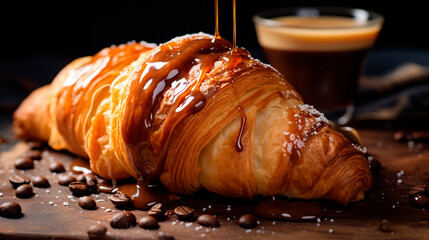 Croissant topped with thick caramel, sweet sauce, coffee beans and a cup of coffee with foam on a wooden board, macro