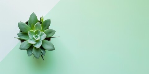 Top view small green cactus plant in pot isolated on pastel mint-green desk background. Space for text.  - obrazy, fototapety, plakaty