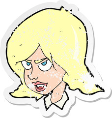 retro distressed sticker of a cartoon annoyed woman